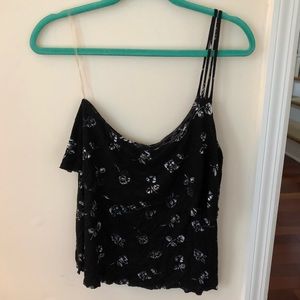 Women’s Black One Shoulder Flowy Top with Floral Pattern PacSun